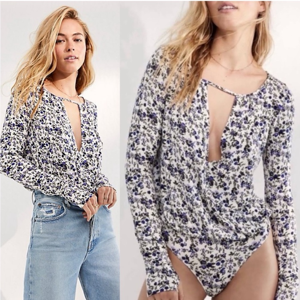 Free People Floral Bodysuit in Blue and White